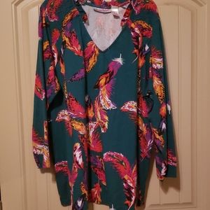 Teal with feather print long sleeve top